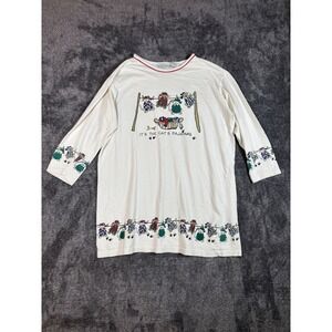 Vintage Basic Editions Cat Pajama Top Women's Long Sleeve Graphic Print White